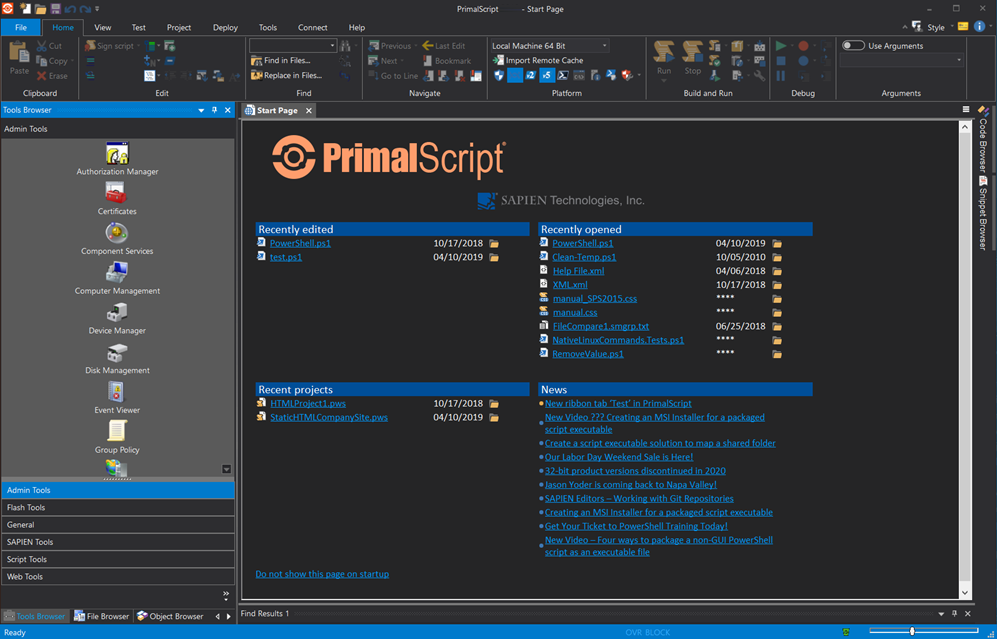 PrimalScript Program Window - Start Page
